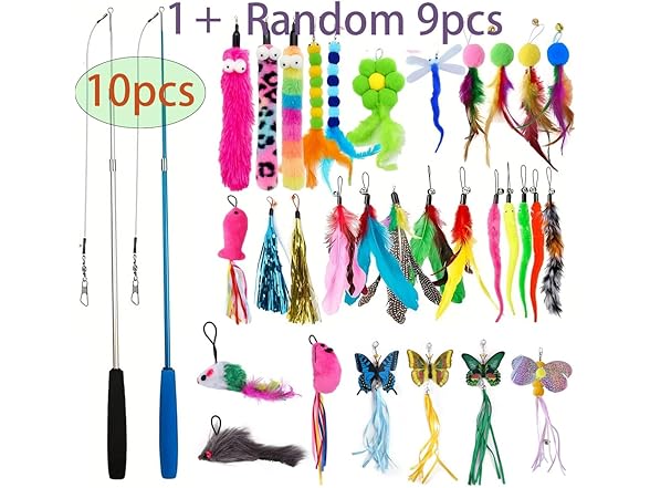 Retractable Wand Cat Toy with 9 Replaceable Heads