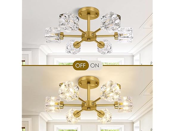 Modern Crystal Chandelier, 6-Light Gold Flush Ceiling Light