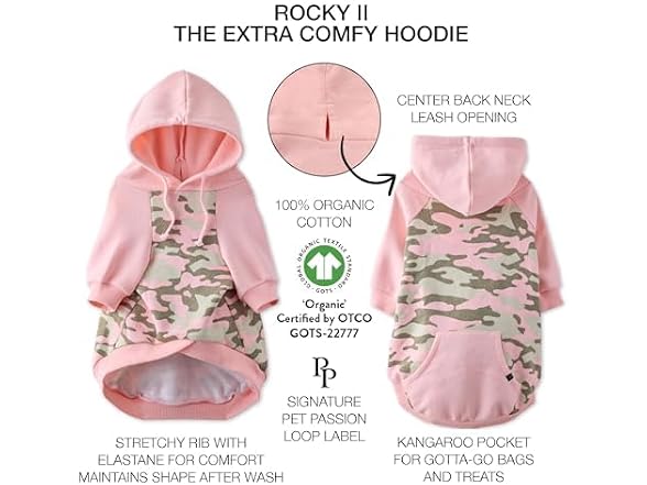 Pet Passion Rocky II Dog Hoodie, Pink Half Camo, XS
