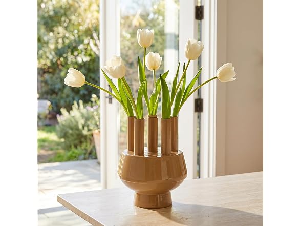 Bloomingville Round Enameled Metal Footed Flower Vase with Frog Lid and 6 Openings, Camel