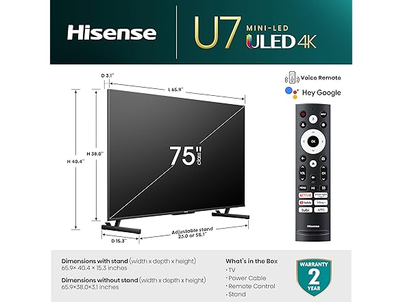(NEW) Hisense 75-Inch Class U7 Series Mini-LED ULED 4K UHD Google Smart TV (75U7K)