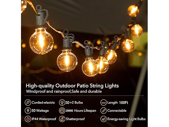 Brightown Outdoor String Lights, 100FT 50+2 G40 Bulbs