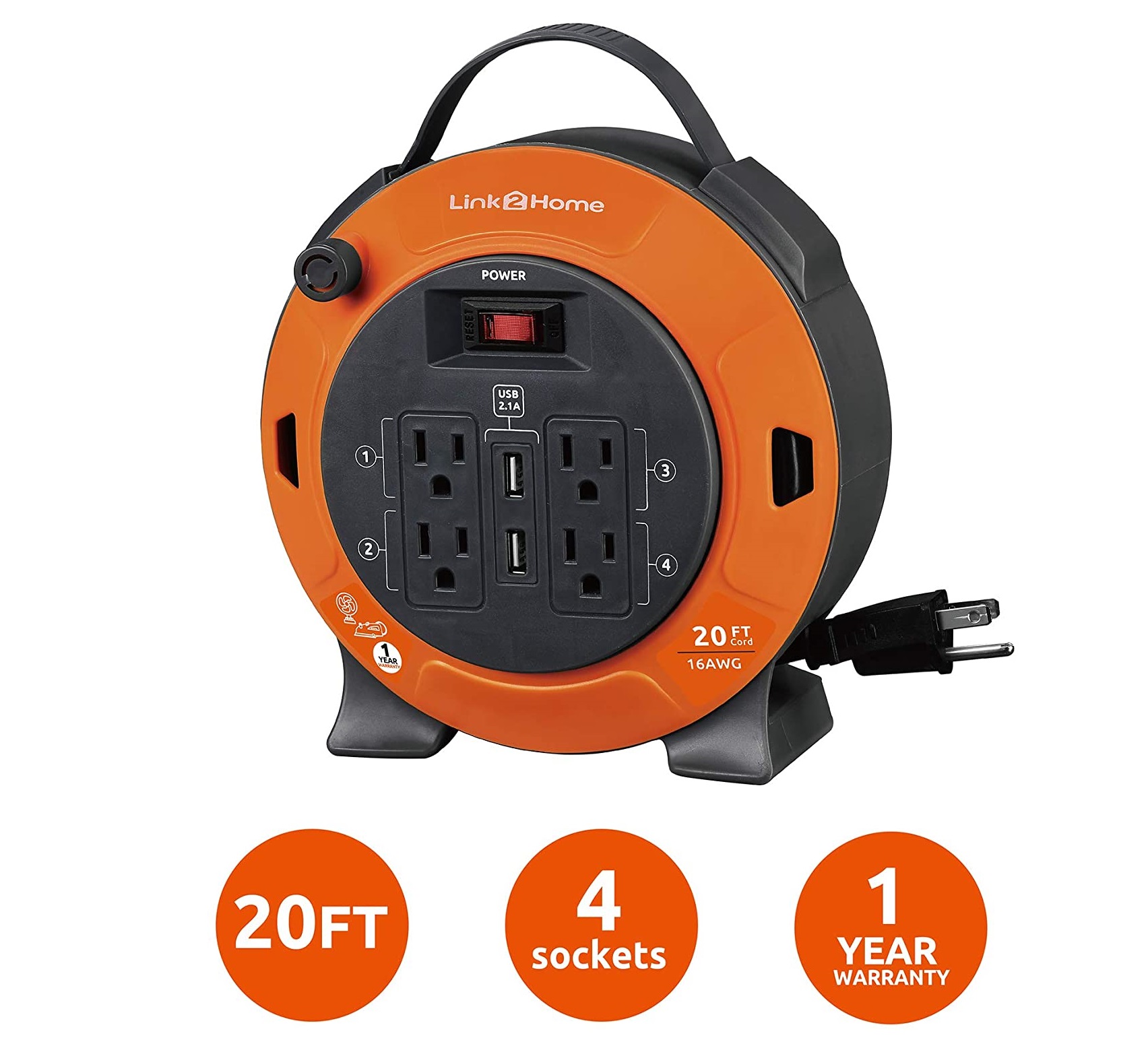 Link2Home 20' Extension Cord Reel with USB - Gallery 8