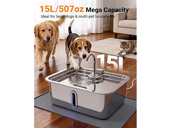 3.96Gal/15L Large Dog Water Fountain with Pet Mat 