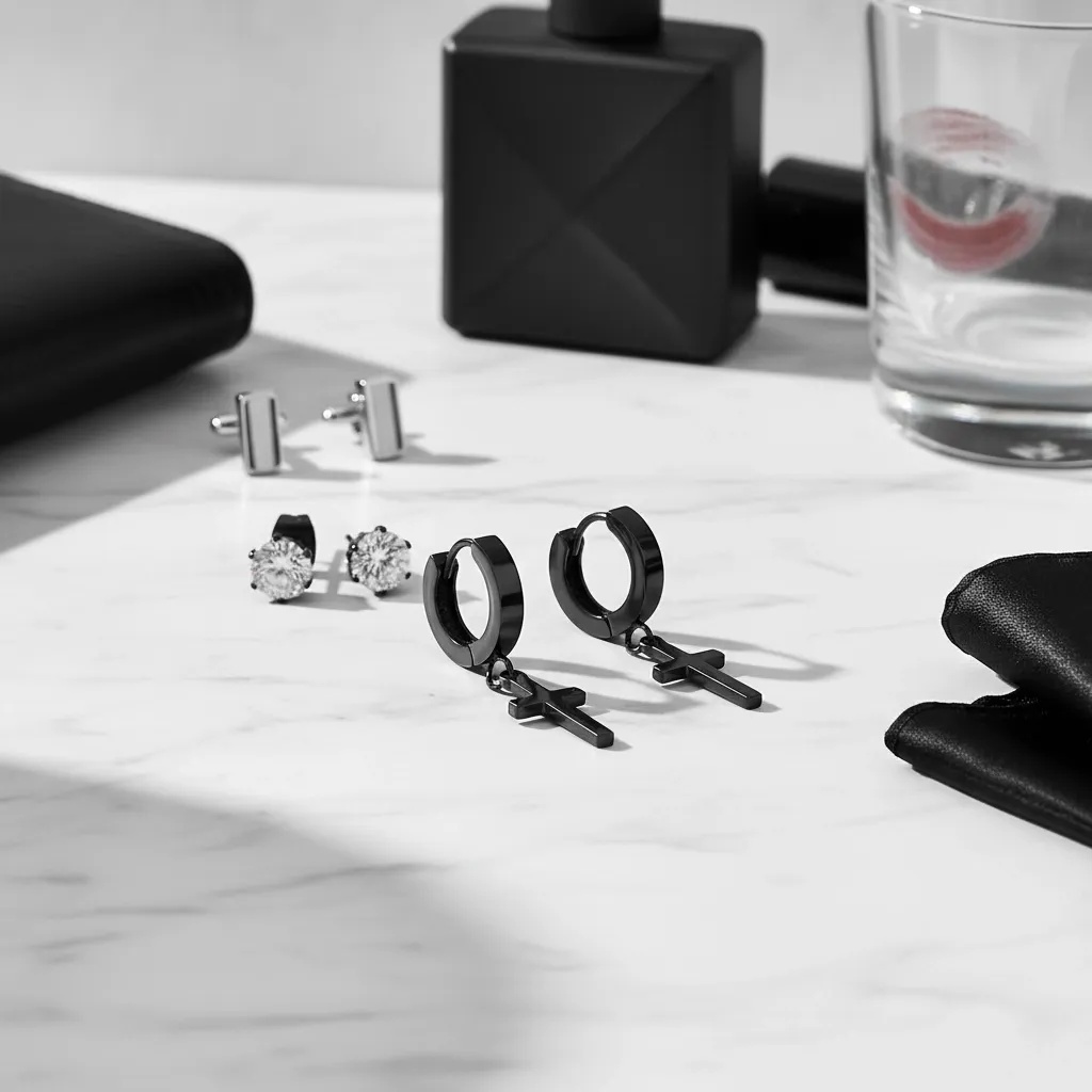 Unisex Cross Hoop & Stud Earring Set - Gallery 13