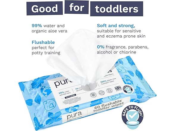 Pura Flushable Toddler Wipes 1 x 60 Wipes