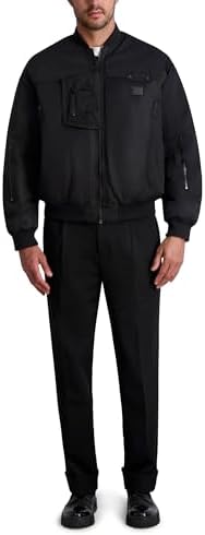 Karl Lagerfeld Paris Men's All Over Patches Long Sleeve Solid Bomber Jacket, Black