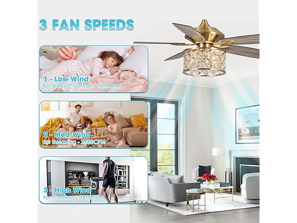 Parrot Uncle F6338MSQ-PU 52" Gold Crystal Ceiling Fan