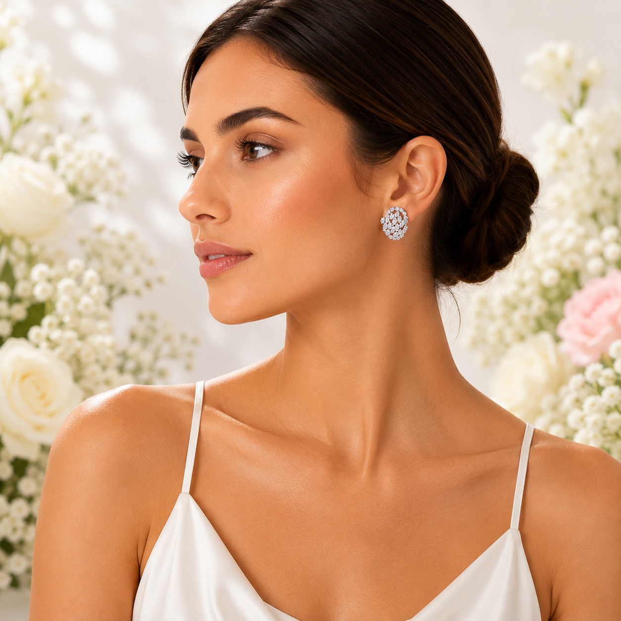 S/S Silver Tone Oval Cluster Cubic Zirconia Stud Earrings - Gallery 6