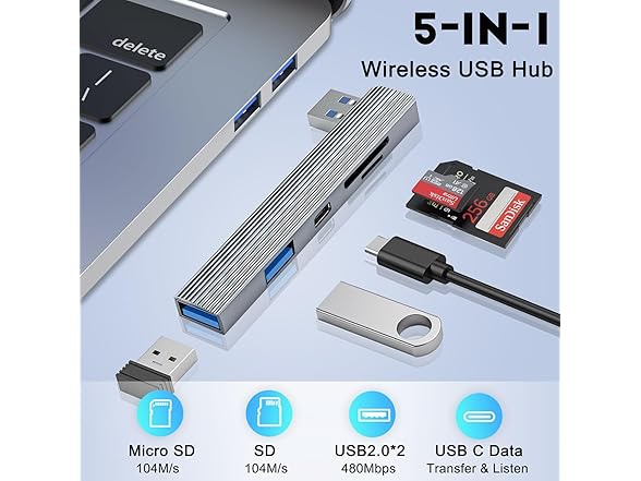 5-in-1 USB Hub with Memory Card Reader