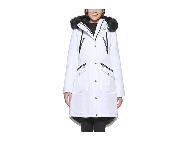 GUESS Women's Long Anorak Coat, White, Medium