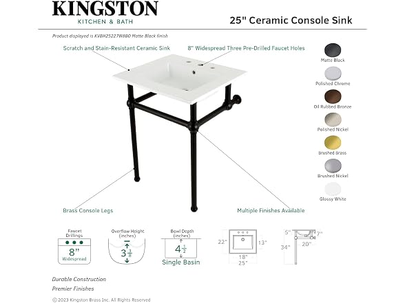 Kingston Brass 25"x 33"H Ceramic Console Sink, White/Brushed Brass
