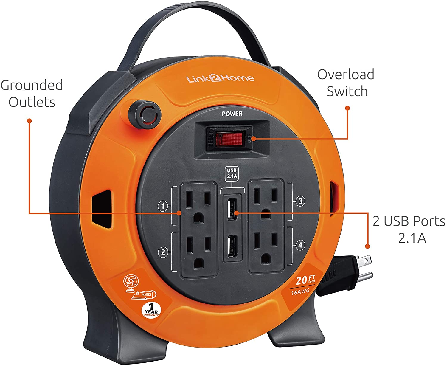 Link2Home 20' Extension Cord Reel with USB - Gallery 11