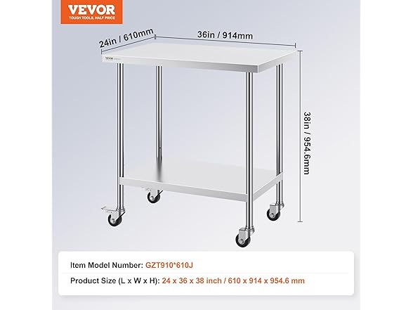 VEVOR Stainless Steel Work Table 24 x 36 x 38 Inch