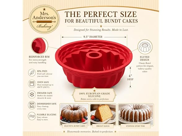 Mrs. Anderson's Baking Silicone Bundt Cake Pan, 9 Inch