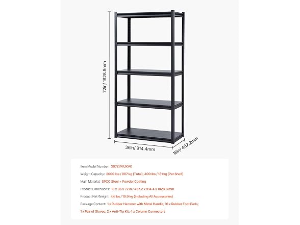 Storage Shelves, 2000 lbs, 18" D x 36" W x 72" H