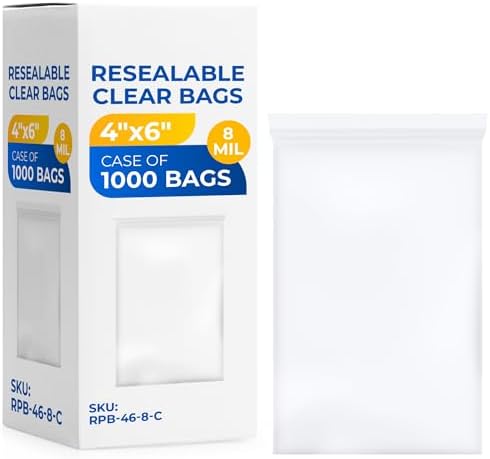 Paclord Small 4" x 6" Reclosable Poly Zip Seal Lock Bags, 8 Mil Thickness, Clear, 20 Bags (Case of 50 Packs), Heavy Duty, Waterproof, Food Safe