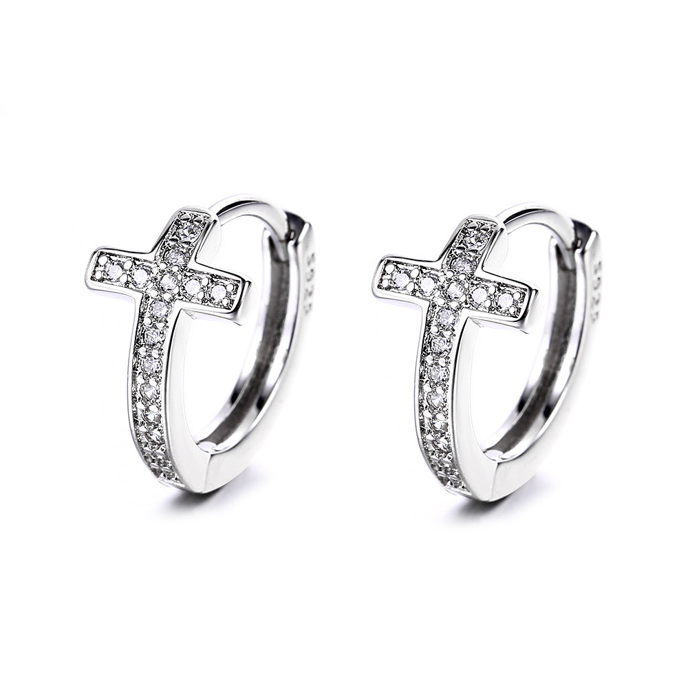 White Gold Plated Cross Huggie Earring - Gallery 5