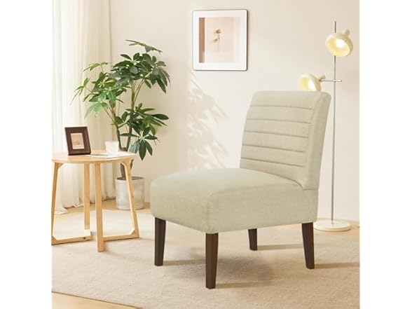 Lewahom Slipper Accent Chair Modern Armless Lounge Chair with Wood Legs Upholstered Makeup Vanity Tufted Side Chair Fabric Comfy with Decor Back for Living Room Bedroom Patio (Horizontal Back, Beige) (Open Box)