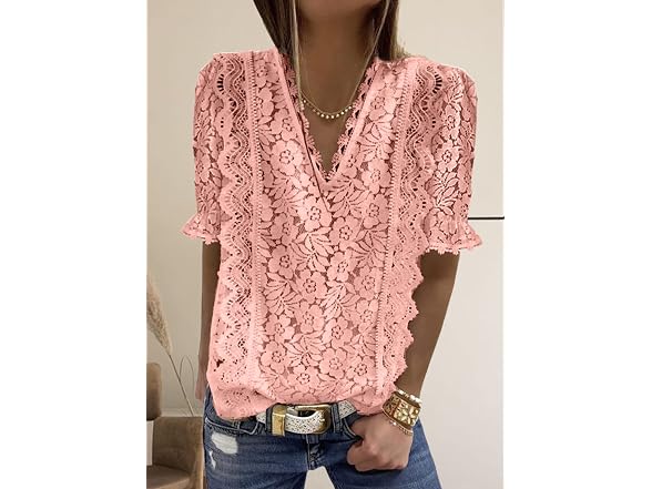 Shewin Women (M) Lace Tops Short Sleeve Shirts