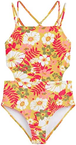 Kanu Surf Girls' Beach Sport Cut-Out One Piece Swimsuit, Spring Bouquet Yellow, 8