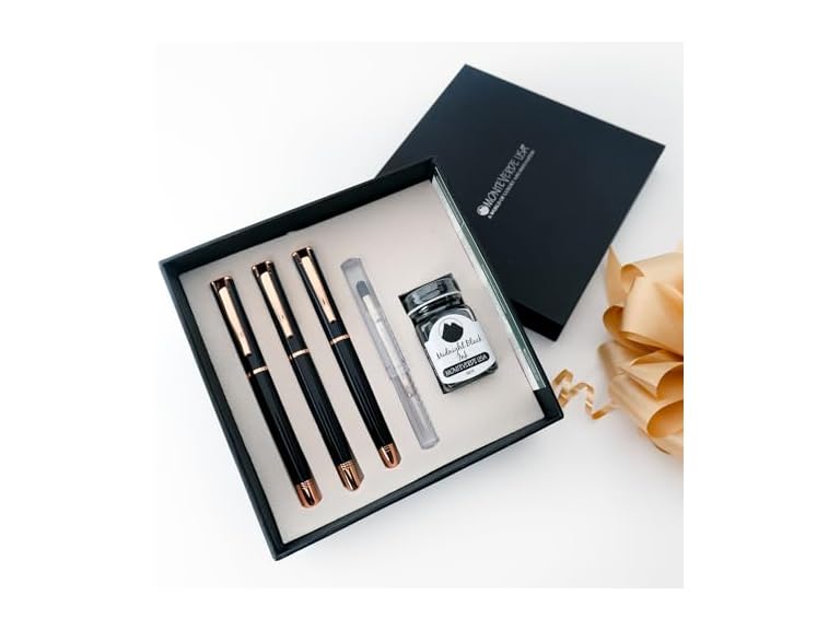 Monteverde USA Impressa 3+2 Piece Set (Fountain, Rollerball, Ball Pen) | Black/Rosegold | Broad Nib | Large Luxury Gift Box with Free Ink & Gel Refill