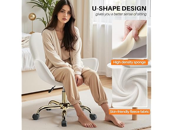 BestEra Vanity Chair with Wheels, Cute Home Office Desk Chairs Adjustable Height for Living Bedroom, Small Modern Fluffy Velvet Makeup Chair with Back for Girls (White) (Open Box)