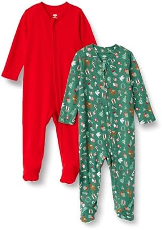 Amazon Essentials x Sofia Grainge Unisex Babies' Cotton Footed Sleep and Play One-piece Bodysuit, Pack of 2, Red/Holiday, Newborn