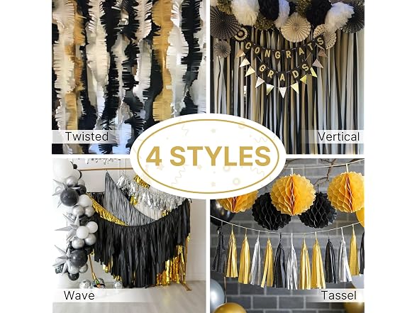 PartyWoo Black and Gold Metallic Black Crepe Paper Streamers