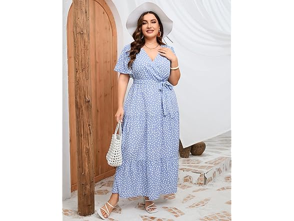 KOJOOIN Womens Wrap Maxi Dress Blue Dot (2XL)