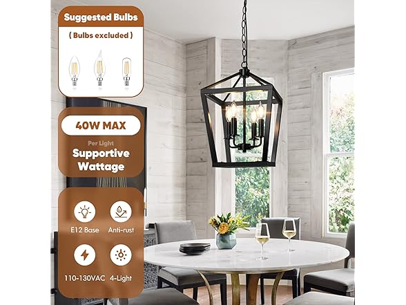 BrightHome Farmhouse Chandelier 4-Light, Black, 19.5"
