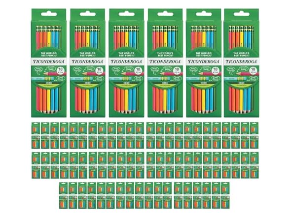Ticonderoga Wooden Pencils, Pre-Sharpened #2 HB Soft, Neon Colors, 18-Count, 13018 (Pack of 72, 1296 Count Total)
