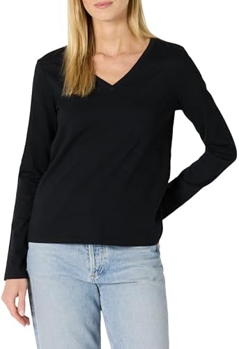Amazon Essentials Women's 100% Cotton Regular-Fit Long-Sleeve V-Neck T-Shirt, Black, X-Large