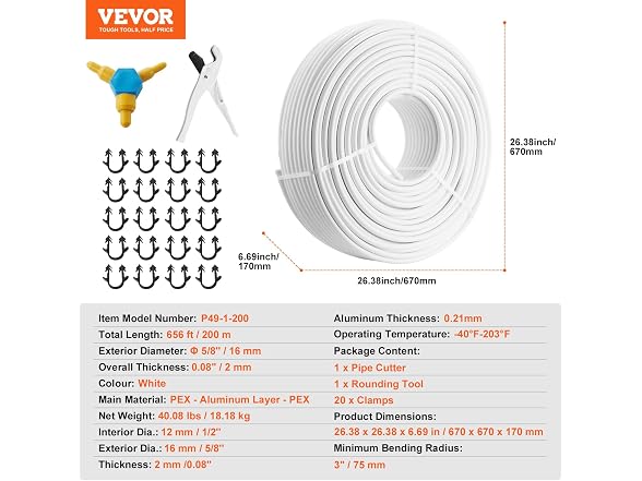 PEX-AL-PEX Tube, 656ft, 5/8'' Diameter
