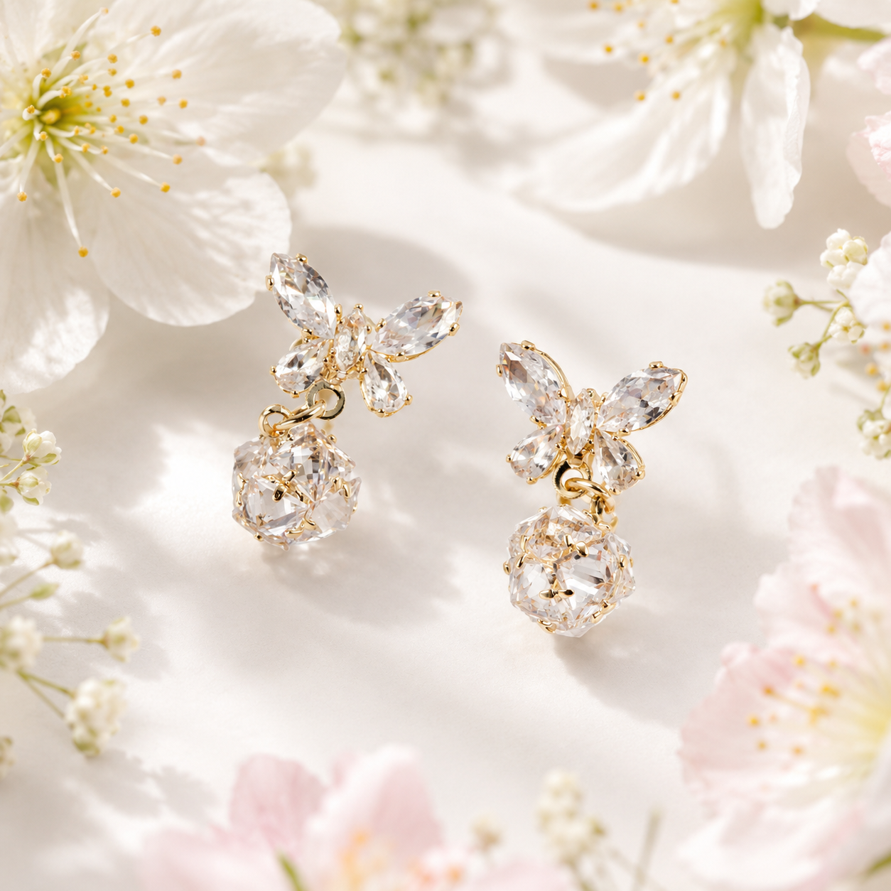 18K Gold Butterfly CZ Drop Earrings - Gallery 6