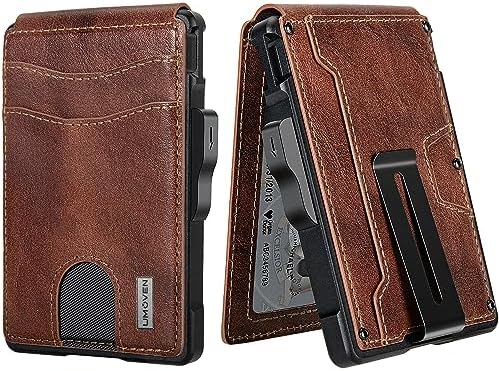 umoven Wallet for Men - with Money Clip Slim Leather Slots Credit Card Holder RFID Blocking Bifold Minimalist Wallet (Top Layer Leather-Brown Red)