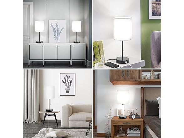 Bosceos Table Lamps with White Shades and USB Charging Ports, 2PK