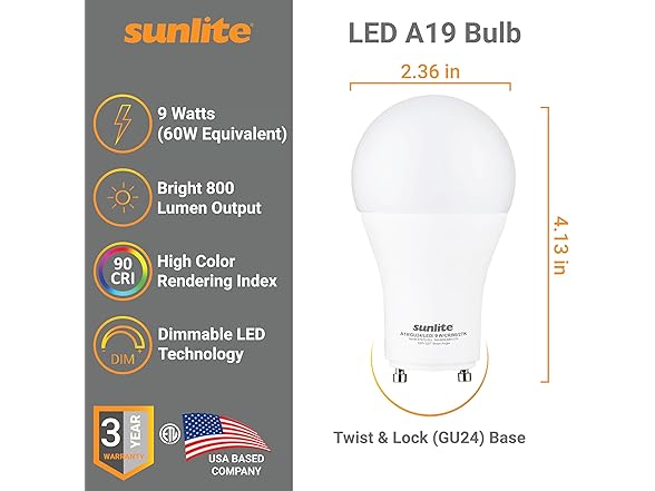 Sunlite A19 GU24 Dimmable Light Bulb, 9 Watts