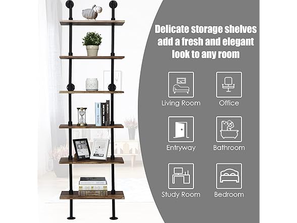 Hysache 6-Tier Pipe Shelves, 82 inch Wall-Mounted Bookshelf 