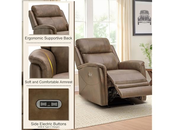 Faux Leather Recliner Chair, USB, Brown