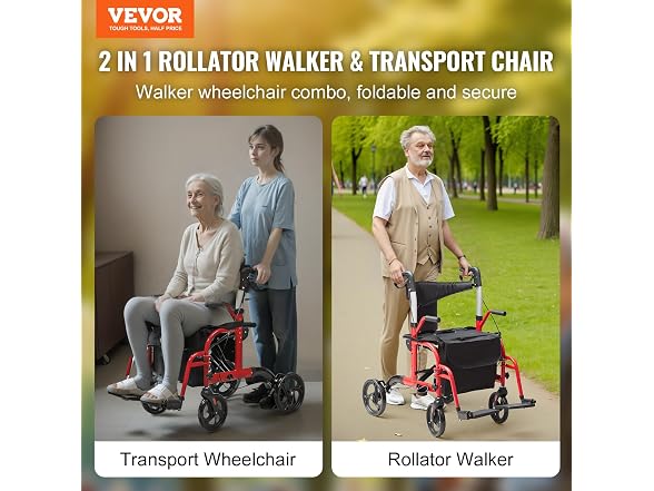 VEVOR 2 in 1 Rollator Walker and Wheelchair 300 Lbs