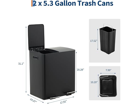 MOVECOM 2 x 5.3 Gal Dual Compartment Stainless Steel Kitchen Trash Can