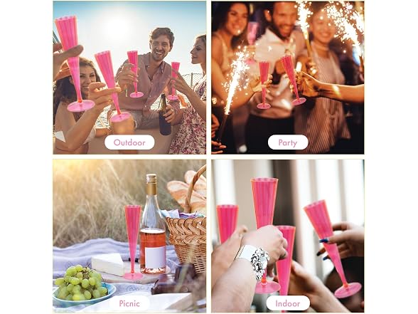40Count Hard Plastic Twopiece 5 oz Champagne Flutes, Neon Pink