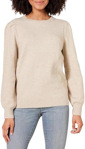 Amazon Essentials Women's Soft Touch Pleated Shoulder Crewneck Sweater, Beige, X-Small