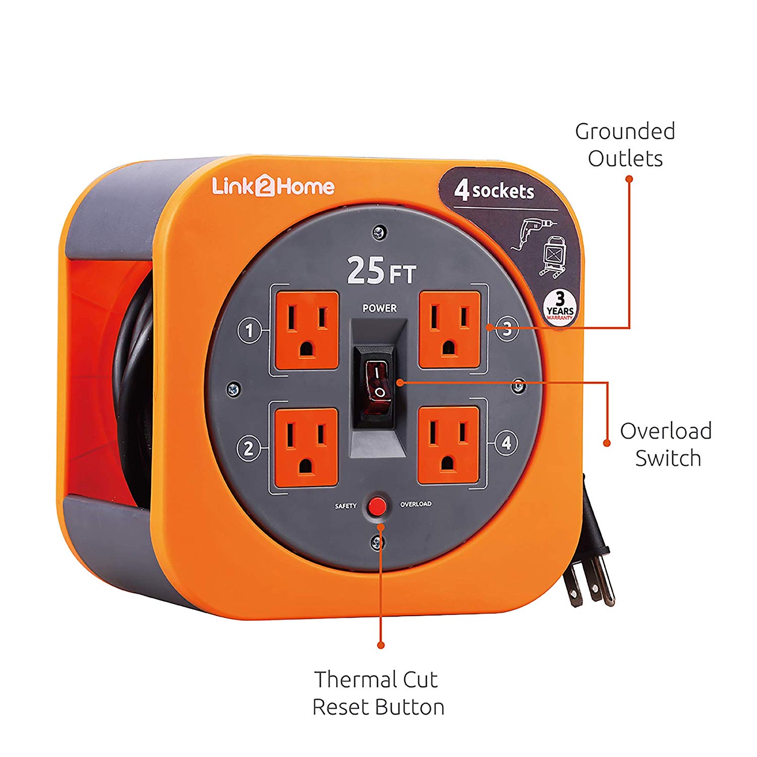 Link2Home 25' 16AWG Extension Cord Reel - Gallery 11