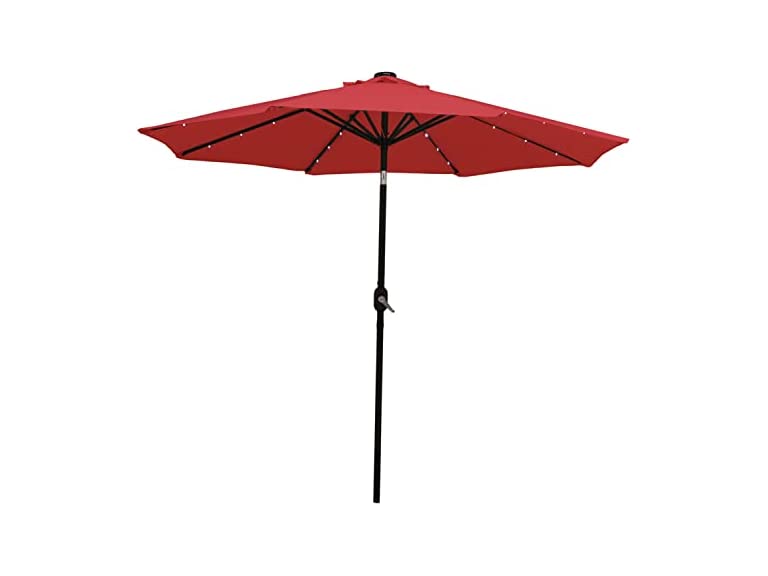 Sunnydaze Solar Powered Lighted Patio Umbrella with Tilt & Crank - Red - 9-Foot