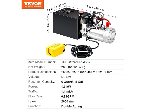 Hydraulic Pump, 6 Quart Hydraulic Power Unit