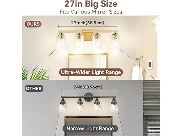 VerRon 4-Light Bathroom Light Fixtures, 27", Gold