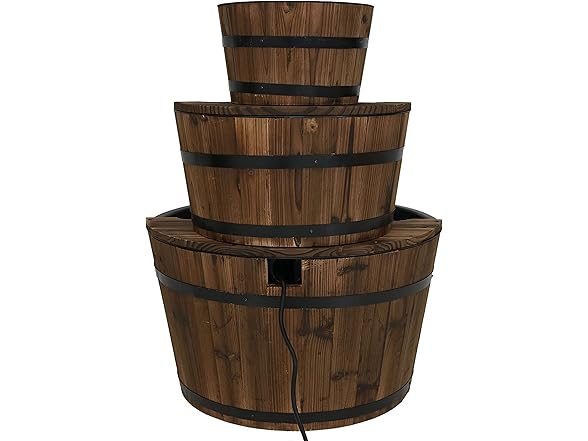 Sunnydaze 3-Tier Wood Barrel Water Fountain
