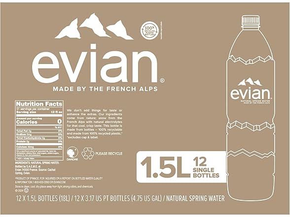 Evian Natural Spring Water, 1.5 L bottle (Pack of 12)